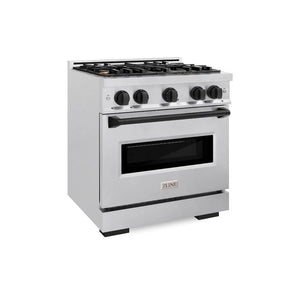 ZLINE Autograph Edition 30 in. 4.2 cu. ft. Classic Gas Range with 4 Burner Cooktop and Convection Gas Oven in Satin Stainless Steel and Matte Black Accents (CGRSZ-30-MB) main image.