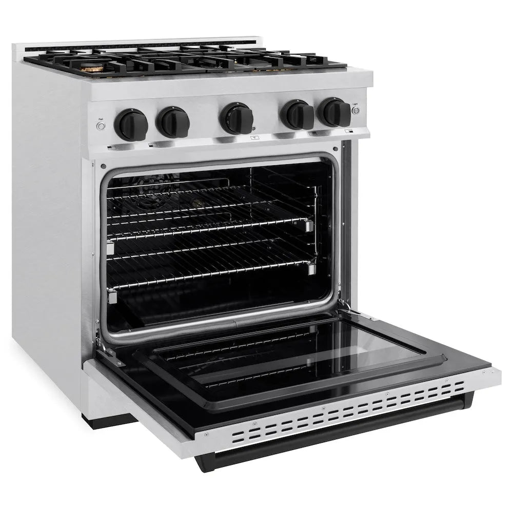 ZLINE Autograph Edition 30 in. 4.2 cu. ft. Classic Gas Range with 4 Burner Cooktop and Convection Gas Oven in Satin Stainless Steel and Matte Black Accents (CGRSZ-30-MB) side, oven open.