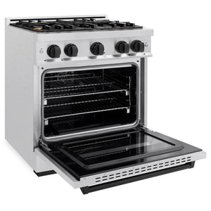 ZLINE Autograph Edition 30 in. 4.2 cu. ft. Classic Gas Range with 4 Burner Cooktop and Convection Gas Oven in Satin Stainless Steel and Matte Black Accents (CGRSZ-30-MB) side, oven open.