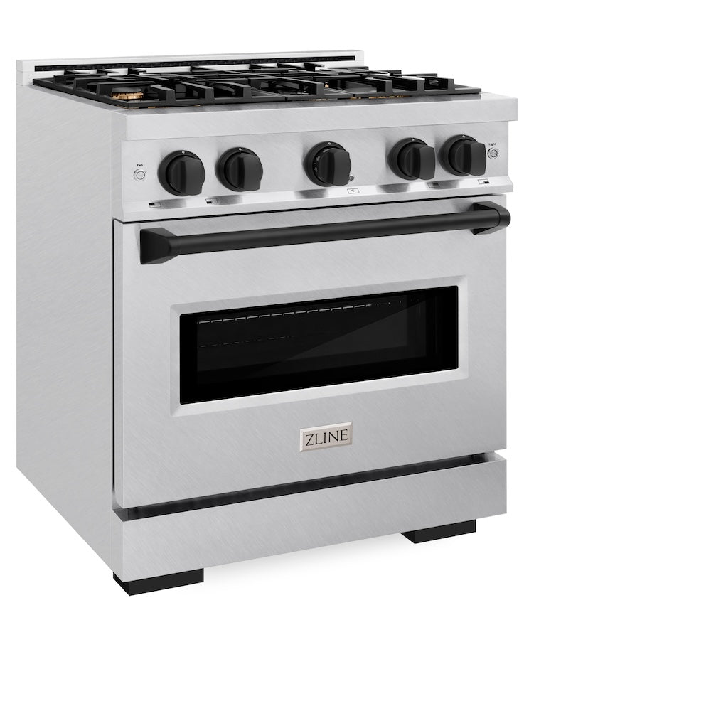 ZLINE Autograph Edition 30 in. 4.2 cu. ft. Classic Gas Range with 4 Burner Cooktop and Convection Gas Oven in Satin Stainless Steel and Matte Black Accents (CGRSZ-30-MB) side, oven closed.