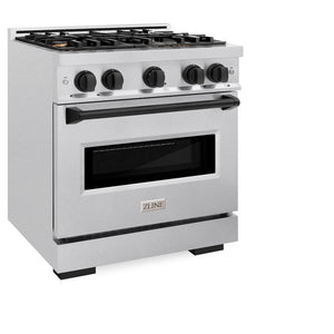 ZLINE Autograph Edition 30 in. 4.2 cu. ft. Classic Gas Range with 4 Burner Cooktop and Convection Gas Oven in Satin Stainless Steel and Matte Black Accents (CGRSZ-30-MB) side, oven closed.
