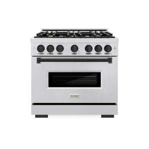 ZLINE Autograph Edition 36 in. 5.2 cu. ft. Classic Gas Range with 6 Burner Cooktop and Convection Gas Oven in Satin Stainless Steel and Matte Black Accents (CGRSZ-36-MB) front.