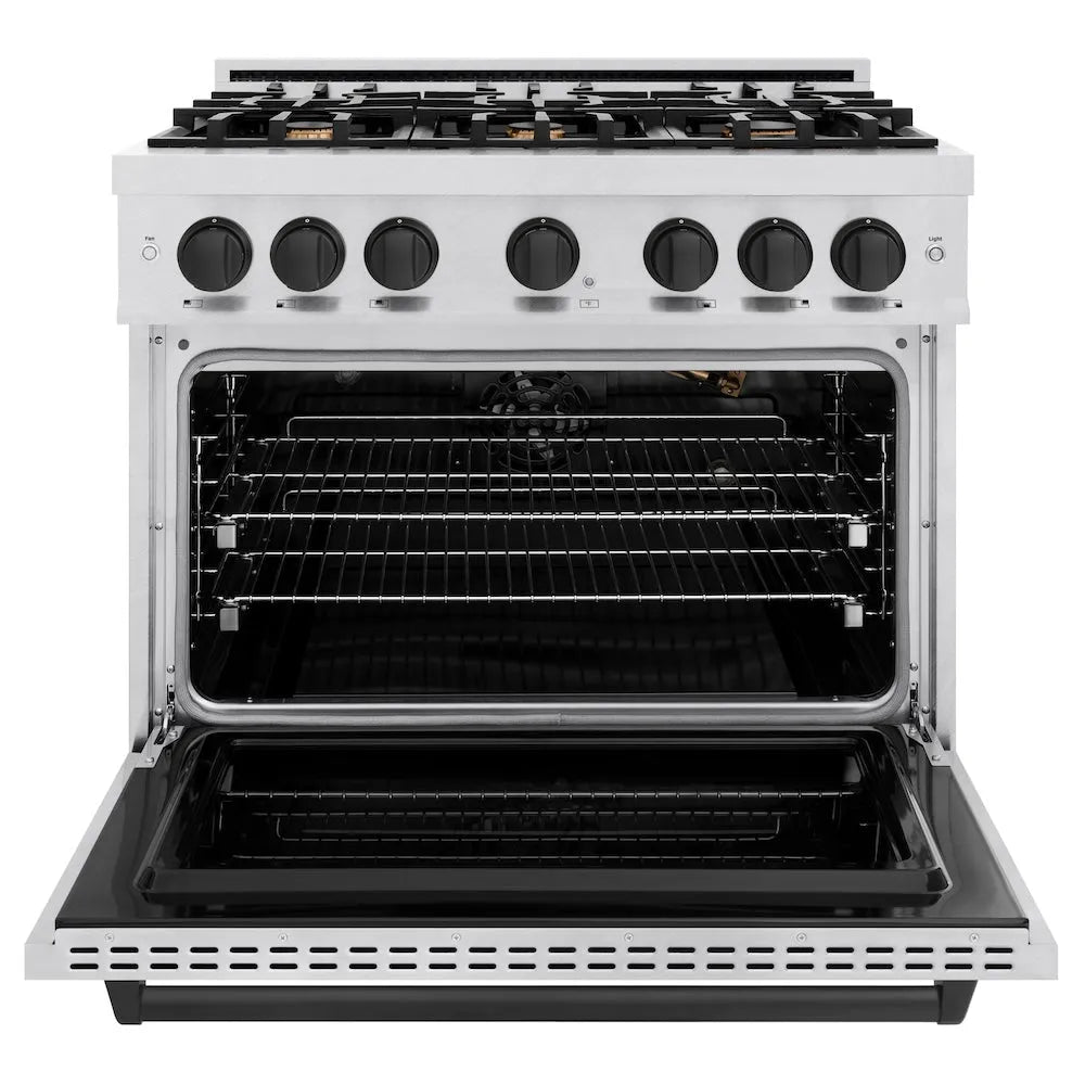 ZLINE Autograph Edition 36 in. 5.2 cu. ft. Classic Gas Range with 6 Burner Cooktop and Convection Gas Oven in Satin Stainless Steel and Matte Black Accents (CGRSZ-36-MB) front, oven open.
