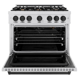 ZLINE Autograph Edition 36 in. 5.2 cu. ft. Classic Gas Range with 6 Burner Cooktop and Convection Gas Oven in Satin Stainless Steel and Matte Black Accents (CGRSZ-36-MB) front, oven open.