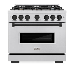 ZLINE Autograph Edition 36 in. 5.2 cu. ft. Classic Gas Range with 6 Burner Cooktop and Convection Gas Oven in Satin Stainless Steel and Matte Black Accents (CGRSZ-36-MB) front, oven closed.