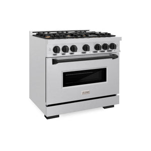ZLINE Autograph Edition 36 in. 5.2 cu. ft. Classic Gas Range with 6 Burner Cooktop and Convection Gas Oven in Satin Stainless Steel and Matte Black Accents (CGRSZ-36-MB) side.