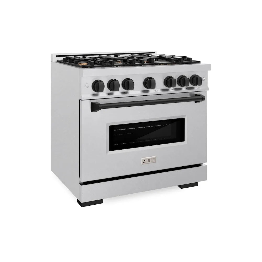 ZLINE Autograph Edition 36 in. 5.2 cu. ft. Classic Gas Range with 6 Burner Cooktop and Convection Gas Oven in Satin Stainless Steel and Matte Black Accents (CGRSZ-36-MB) main image.