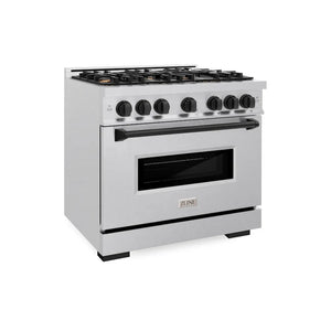 ZLINE Autograph Edition 36 in. 5.2 cu. ft. Classic Gas Range with 6 Burner Cooktop and Convection Gas Oven in Satin Stainless Steel and Matte Black Accents (CGRSZ-36-MB) main image.