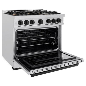 ZLINE Autograph Edition 36 in. 5.2 cu. ft. Classic Gas Range with 6 Burner Cooktop and Convection Gas Oven in Satin Stainless Steel and Matte Black Accents (CGRSZ-36-MB) side, oven open.