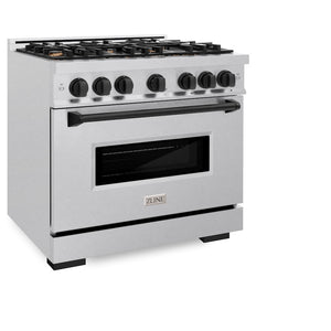 ZLINE Autograph Edition 36 in. 5.2 cu. ft. Classic Gas Range with 6 Burner Cooktop and Convection Gas Oven in Satin Stainless Steel and Matte Black Accents (CGRSZ-36-MB) side, oven closed.