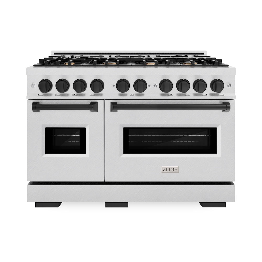 ZLINE Autograph Edition 48 in. 6.7 cu. ft. Classic Double Oven Gas Range with 8 Burner Cooktop in Satin Stainless Steel and Matte Black Accents (CGRSZ-48-MB) front.