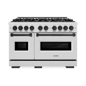 ZLINE Autograph Edition 48 in. 6.7 cu. ft. Classic Double Oven Gas Range with 8 Burner Cooktop in Satin Stainless Steel and Matte Black Accents (CGRSZ-48-MB) front.