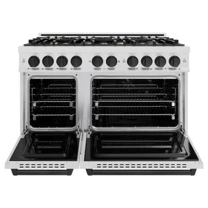 ZLINE Autograph Edition 48 in. 6.7 cu. ft. Classic Double Oven Gas Range with 8 Burner Cooktop in Satin Stainless Steel and Matte Black Accents (CGRSZ-48-MB) front, oven open.