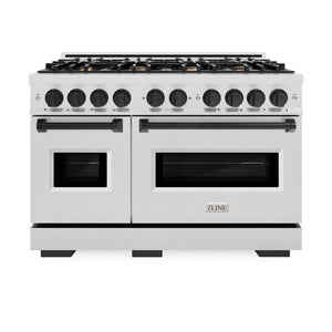 ZLINE Autograph Edition 48 in. 6.7 cu. ft. Classic Double Oven Gas Range with 8 Burner Cooktop in Satin Stainless Steel and Matte Black Accents (CGRSZ-48-MB) front, oven closed.