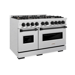 ZLINE Autograph Edition 48 in. 6.7 cu. ft. Classic Double Oven Gas Range with 8 Burner Cooktop in Satin Stainless Steel and Matte Black Accents (CGRSZ-48-MB) side.
