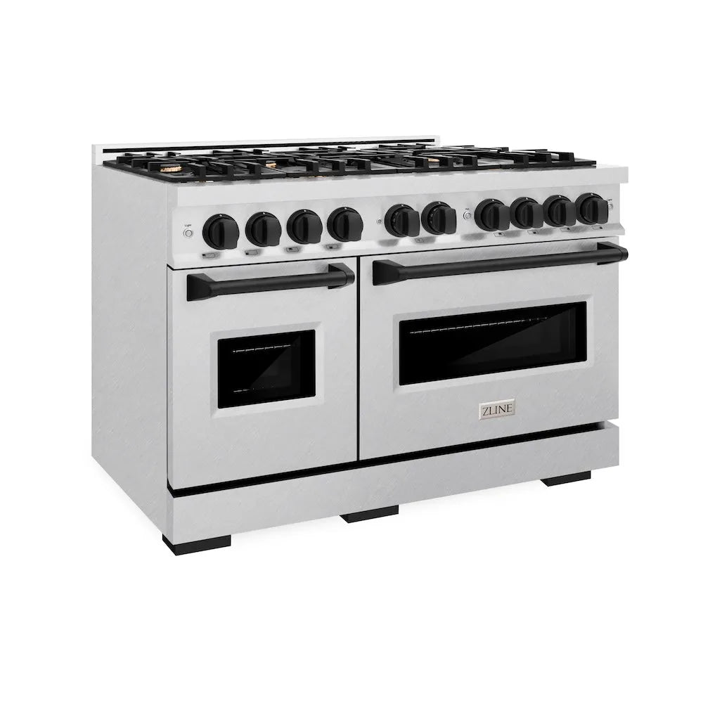 ZLINE Autograph Edition 48 in. 6.7 cu. ft. Classic Double Oven Gas Range with 8 Burner Cooktop in Satin Stainless Steel and Matte Black Accents (CGRSZ-48-MB) main image.