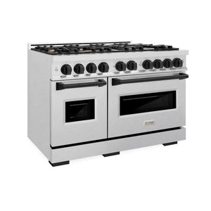 ZLINE Autograph Edition 48 in. 6.7 cu. ft. Classic Double Oven Gas Range with 8 Burner Cooktop in Satin Stainless Steel and Matte Black Accents (CGRSZ-48-MB) main image.