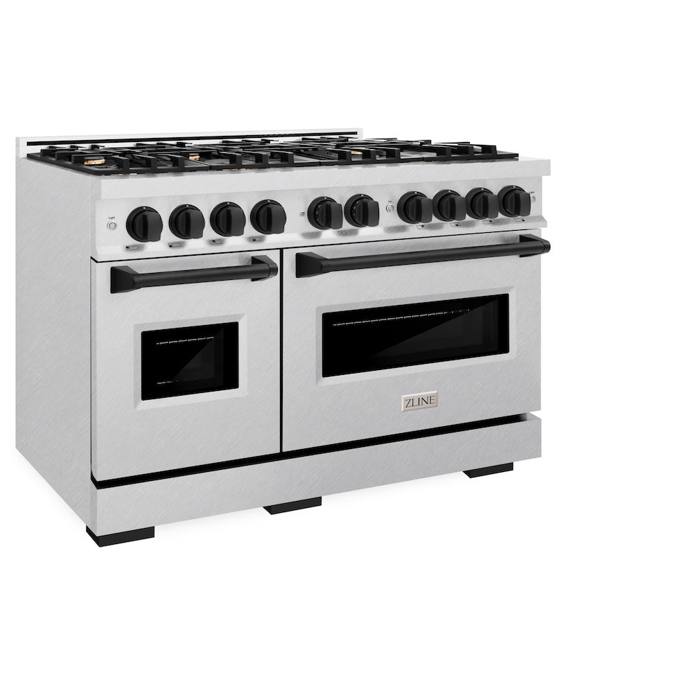 ZLINE Autograph Edition 48 in. 6.7 cu. ft. Classic Double Oven Gas Range with 8 Burner Cooktop in Satin Stainless Steel and Matte Black Accents (CGRSZ-48-MB) side, oven closed.
