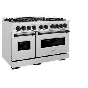 ZLINE Autograph Edition 48 in. 6.7 cu. ft. Classic Double Oven Gas Range with 8 Burner Cooktop in Satin Stainless Steel and Matte Black Accents (CGRSZ-48-MB) side, oven closed.