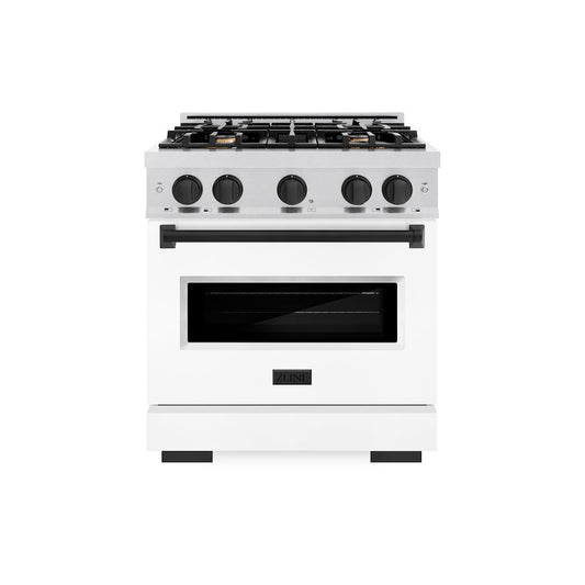 ZLINE Autograph Edition 30 in. 4.2 cu. ft. Classic Gas Range with 4 Burner Cooktop and Convection Gas Oven in Satin Stainless Steel with White Matte Door and Matte Black Accents (CGRSZ-WM-30-MB) front.
