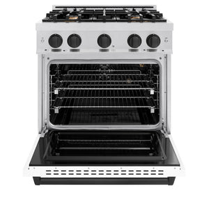 ZLINE Autograph Edition 30 in. 4.2 cu. ft. Classic Gas Range with 4 Burner Cooktop and Convection Gas Oven in Satin Stainless Steel with White Matte Door and Matte Black Accents (CGRSZ-WM-30-MB) front, oven open.