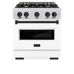 ZLINE Autograph Edition 30 in. 4.2 cu. ft. Classic Gas Range with 4 Burner Cooktop and Convection Gas Oven in Satin Stainless Steel with White Matte Door and Matte Black Accents (CGRSZ-WM-30-MB) front, oven closed.