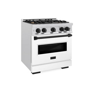 ZLINE Autograph Edition 30 in. 4.2 cu. ft. Classic Gas Range with 4 Burner Cooktop and Convection Gas Oven in Satin Stainless Steel with White Matte Door and Matte Black Accents (CGRSZ-WM-30-MB) side.