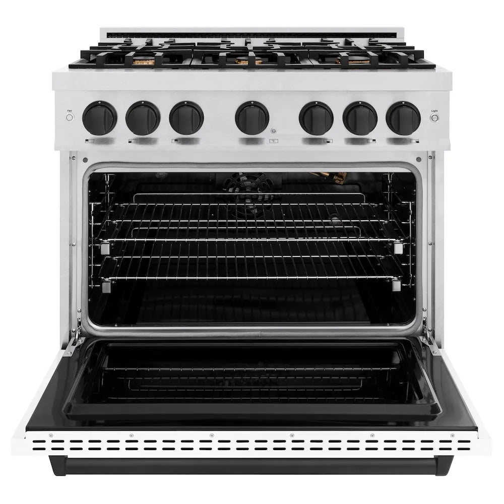 ZLINE Autograph Edition 36 in. 5.2 cu. ft. Classic Gas Range with 6 Burner Cooktop and Convection Gas Oven in Satin Stainless Steel with White Matte Door and Matte Black Accents (CGRSZ-WM-36-MB) front, oven open.