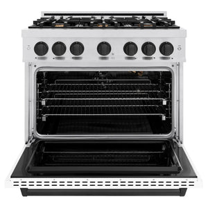 ZLINE Autograph Edition 36 in. 5.2 cu. ft. Classic Gas Range with 6 Burner Cooktop and Convection Gas Oven in Satin Stainless Steel with White Matte Door and Matte Black Accents (CGRSZ-WM-36-MB) front, oven open.