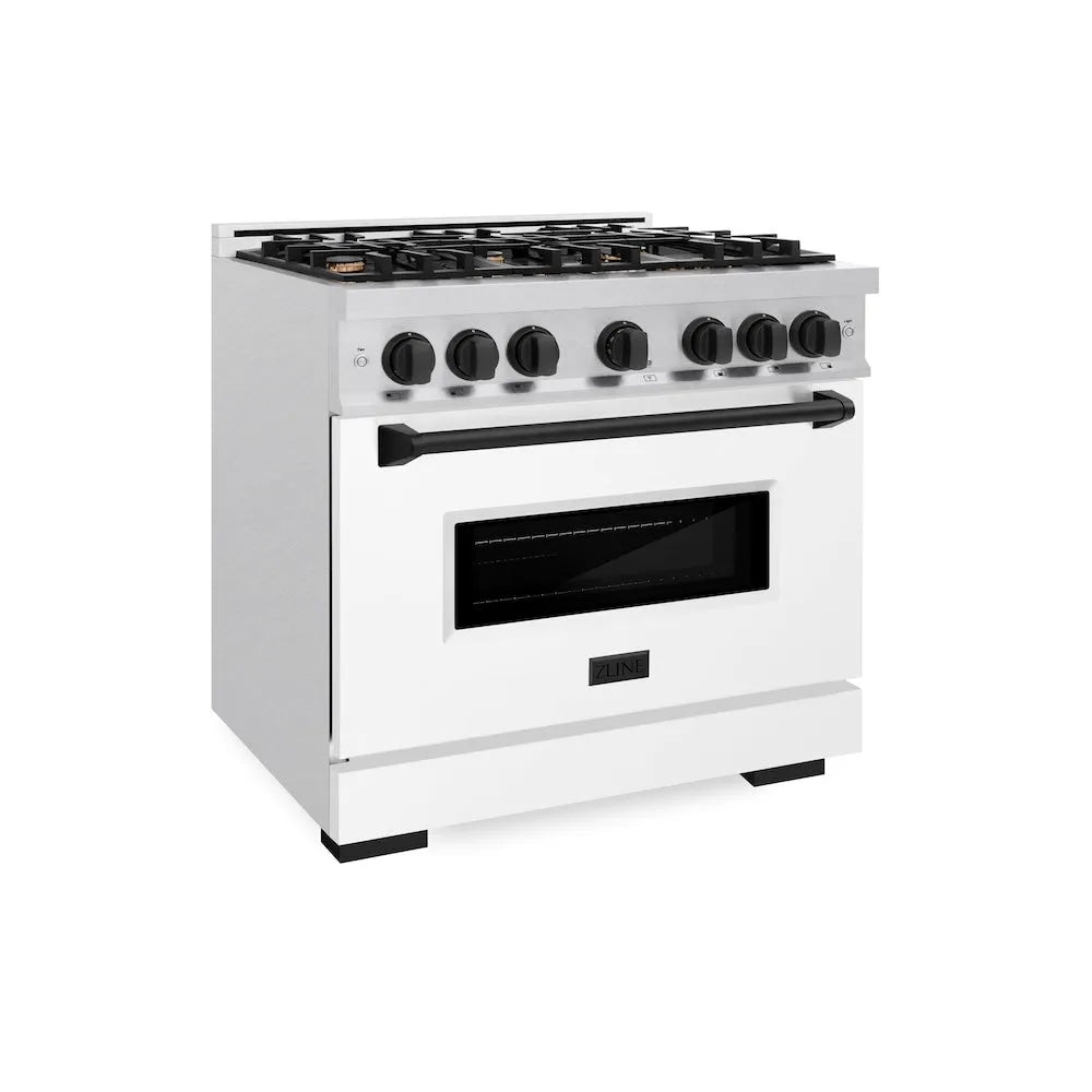ZLINE Autograph Edition 36 in. 5.2 cu. ft. Classic Gas Range with 6 Burner Cooktop and Convection Gas Oven in Satin Stainless Steel with White Matte Door and Matte Black Accents (CGRSZ-WM-36-MB) main image.