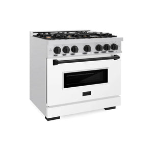 ZLINE Autograph Edition 36 in. 5.2 cu. ft. Classic Gas Range with 6 Burner Cooktop and Convection Gas Oven in Satin Stainless Steel with White Matte Door and Matte Black Accents (CGRSZ-WM-36-MB) main image.