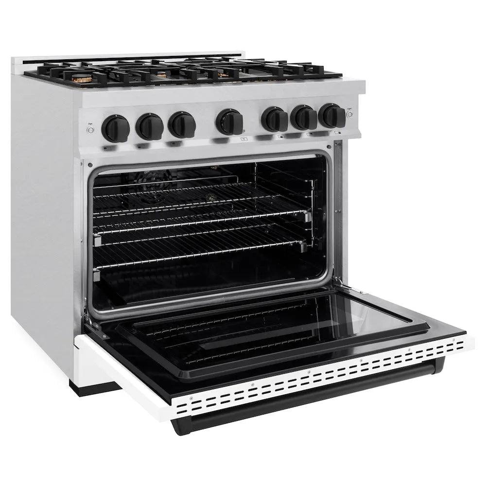 ZLINE Autograph Edition 36 in. 5.2 cu. ft. Classic Gas Range with 6 Burner Cooktop and Convection Gas Oven in Satin Stainless Steel with White Matte Door and Matte Black Accents (CGRSZ-WM-36-MB) side, oven open.