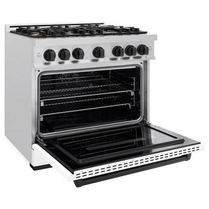 ZLINE Autograph Edition 36 in. 5.2 cu. ft. Classic Gas Range with 6 Burner Cooktop and Convection Gas Oven in Satin Stainless Steel with White Matte Door and Matte Black Accents (CGRSZ-WM-36-MB) side, oven open.