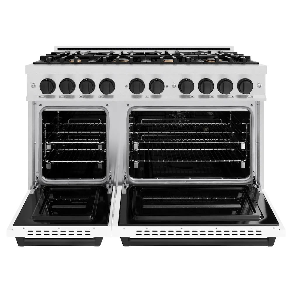 ZLINE Autograph Edition 48 in. 6.7 cu. ft. Classic Double Oven Gas Range with 8 Burner Cooktop in Satin Stainless Steel with White Matte Doors and Matte Black Accents (CGRSZ-WM-48-MB) front, oven open.