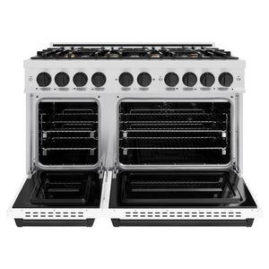 ZLINE Autograph Edition 48 in. 6.7 cu. ft. Classic Double Oven Gas Range with 8 Burner Cooktop in Satin Stainless Steel with White Matte Doors and Matte Black Accents (CGRSZ-WM-48-MB) front, oven open.