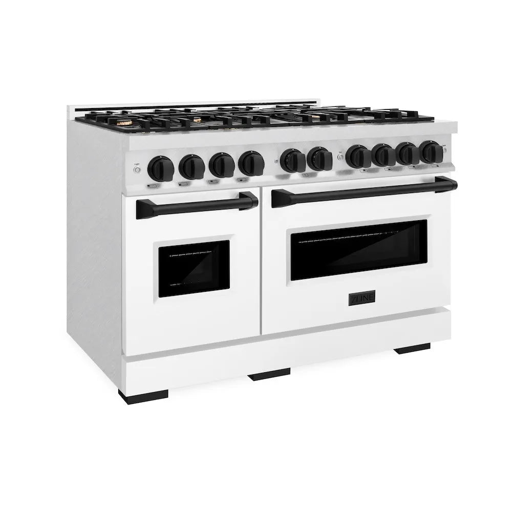 ZLINE Autograph Edition 48 in. 6.7 cu. ft. Classic Double Oven Gas Range with 8 Burner Cooktop in Satin Stainless Steel with White Matte Doors and Matte Black Accents (CGRSZ-WM-48-MB) main image.