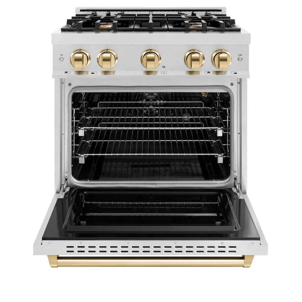ZLINE Autograph Edition 30 in. 4.2 cu. ft. Classic Gas Range with 4 Burner Cooktop and Convection Gas Oven in Satin Stainless Steel and Polished Gold Accents (CGRSZ-30-G) front, oven open.