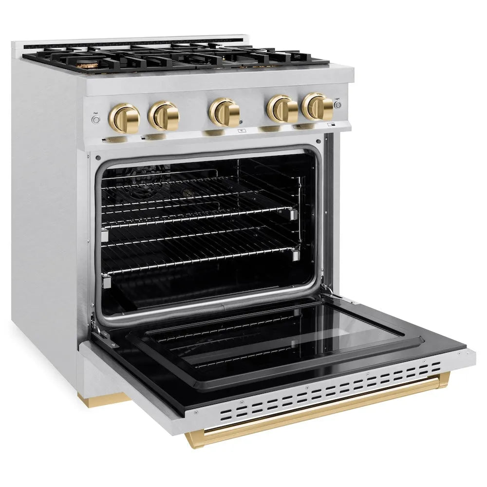ZLINE Autograph Edition 30 in. 4.2 cu. ft. Classic Gas Range with 4 Burner Cooktop and Convection Gas Oven in Satin Stainless Steel and Polished Gold Accents (CGRSZ-30-G) side, oven open.