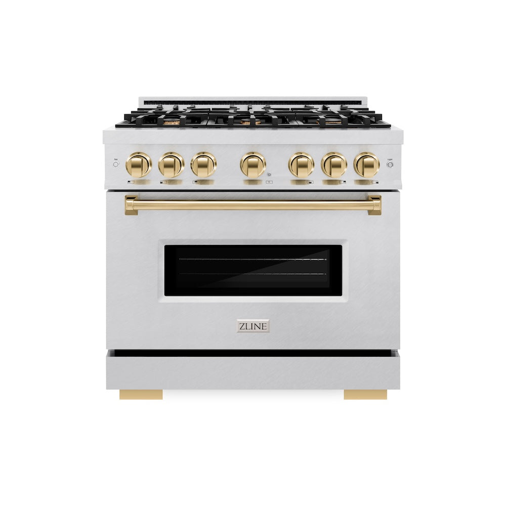 ZLINE Autograph Edition 36 in. 5.2 cu. ft. Classic Gas Range with 6 Burner Cooktop and Convection Gas Oven in Satin Stainless Steel and Polished Gold Accents (CGRSZ-36-G) front.