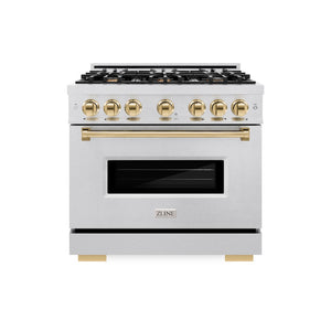 ZLINE Autograph Edition 36 in. 5.2 cu. ft. Classic Gas Range with 6 Burner Cooktop and Convection Gas Oven in Satin Stainless Steel and Polished Gold Accents (CGRSZ-36-G) front.