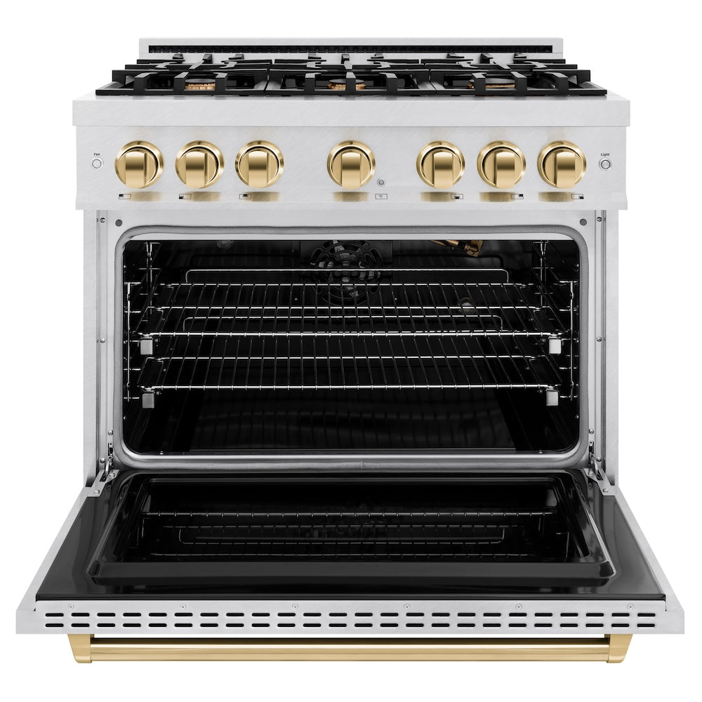 ZLINE Autograph Edition 36 in. 5.2 cu. ft. Classic Gas Range with 6 Burner Cooktop and Convection Gas Oven in Satin Stainless Steel and Polished Gold Accents (CGRSZ-36-G) front, oven open.