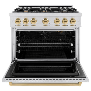 ZLINE Autograph Edition 36 in. 5.2 cu. ft. Classic Gas Range with 6 Burner Cooktop and Convection Gas Oven in Satin Stainless Steel and Polished Gold Accents (CGRSZ-36-G) front, oven open.