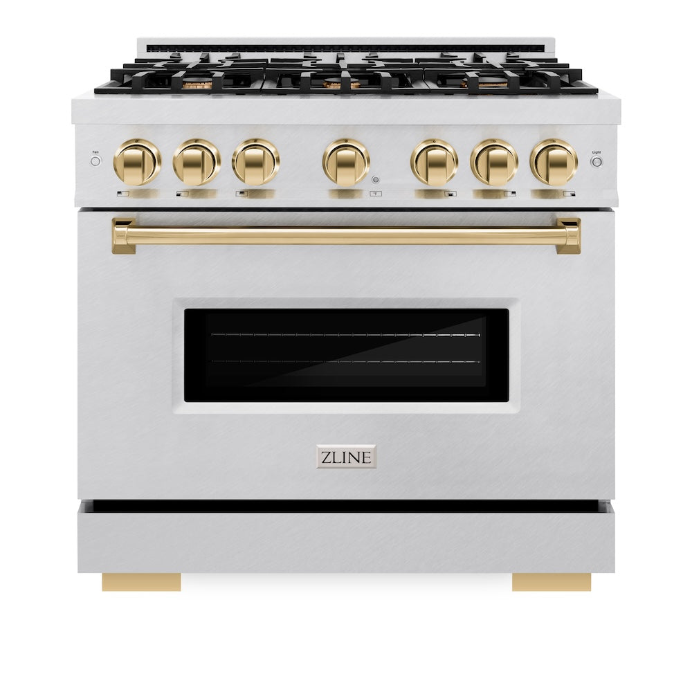 ZLINE Autograph Edition 36 in. 5.2 cu. ft. Classic Gas Range with 6 Burner Cooktop and Convection Gas Oven in Satin Stainless Steel and Polished Gold Accents (CGRSZ-36-G) front, oven closed.