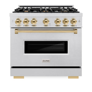 ZLINE Autograph Edition 36 in. 5.2 cu. ft. Classic Gas Range with 6 Burner Cooktop and Convection Gas Oven in Satin Stainless Steel and Polished Gold Accents (CGRSZ-36-G) front, oven closed.
