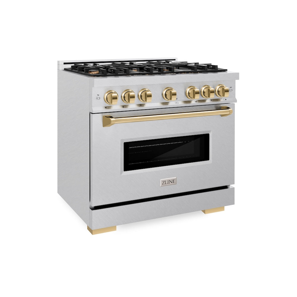 ZLINE Autograph Edition 36 in. 5.2 cu. ft. Classic Gas Range with 6 Burner Cooktop and Convection Gas Oven in Satin Stainless Steel and Polished Gold Accents (CGRSZ-36-G) side.