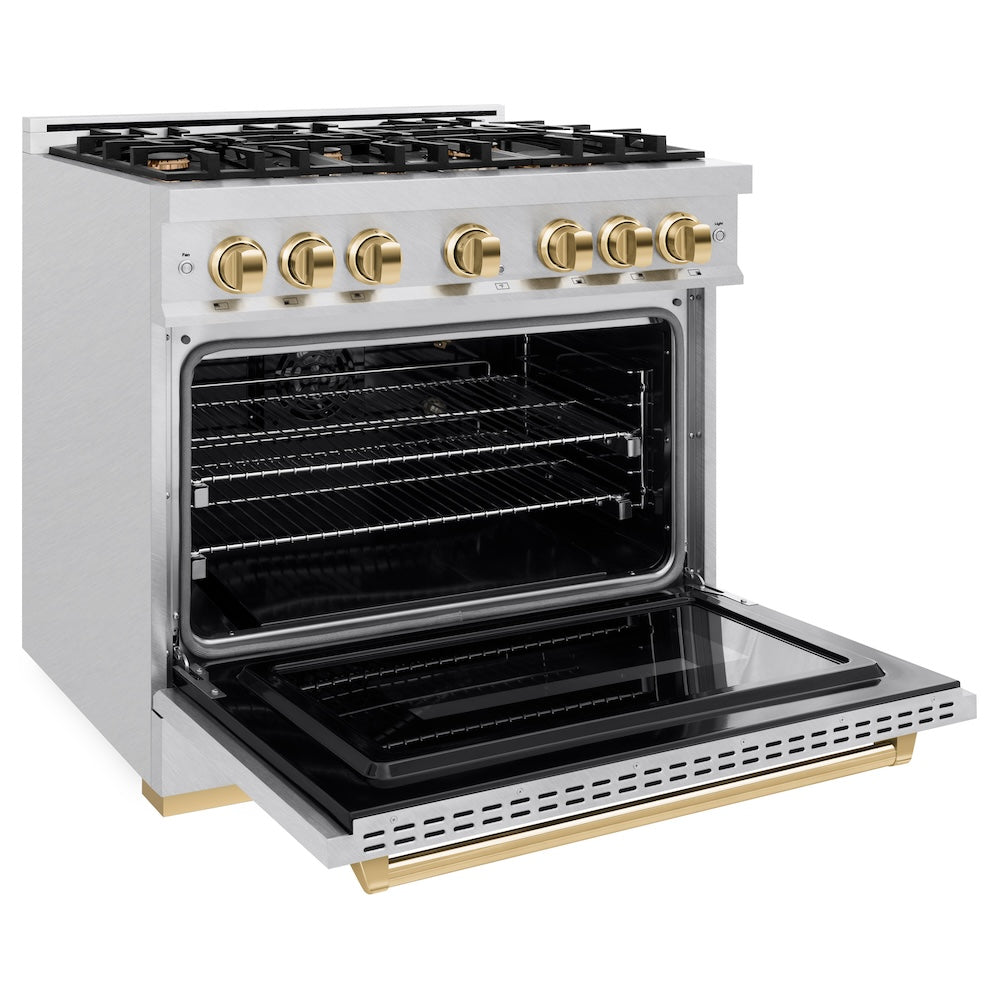 ZLINE Autograph Edition 36 in. 5.2 cu. ft. Classic Gas Range with 6 Burner Cooktop and Convection Gas Oven in Satin Stainless Steel and Polished Gold Accents (CGRSZ-36-G) side, oven open.
