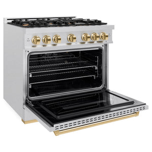 ZLINE Autograph Edition 36 in. 5.2 cu. ft. Classic Gas Range with 6 Burner Cooktop and Convection Gas Oven in Satin Stainless Steel and Polished Gold Accents (CGRSZ-36-G) side, oven open.