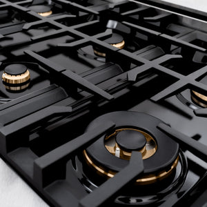ZLINE Autograph Edition 48 in. 6.7 cu. ft. Classic Double Oven Gas Range with 8 Burner Cooktop in Satin Stainless Steel and Polished Gold Accents (CGRSZ-48-G) close-up, gas burners and cast-iron grates.
