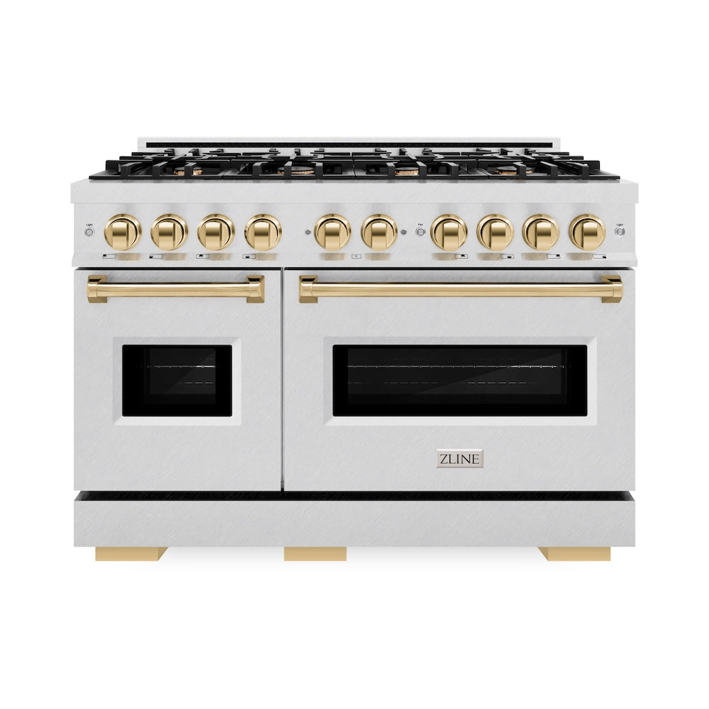 ZLINE Autograph Edition 48 in. 6.7 cu. ft. Classic Double Oven Gas Range with 8 Burner Cooktop in Satin Stainless Steel and Polished Gold Accents (CGRSZ-48-G) front.
