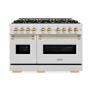 ZLINE Autograph Edition 48 in. 6.7 cu. ft. Classic Double Oven Gas Range with 8 Burner Cooktop in Satin Stainless Steel and Polished Gold Accents (CGRSZ-48-G) front.